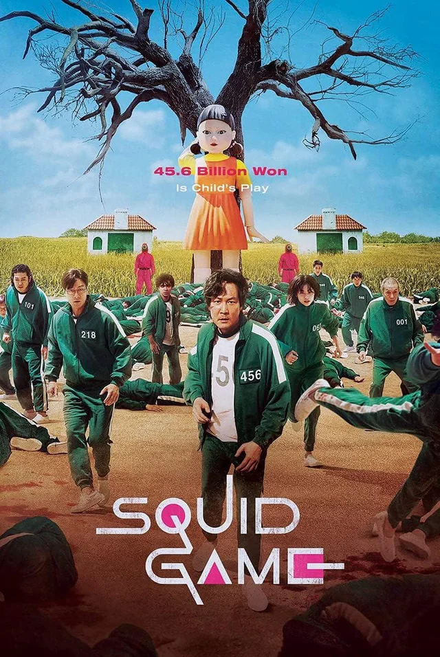 Official poster of Squid Game season 1 showing Lee Jung-jae and other contestants in green tracksuits running from a giant doll under a leafless tree