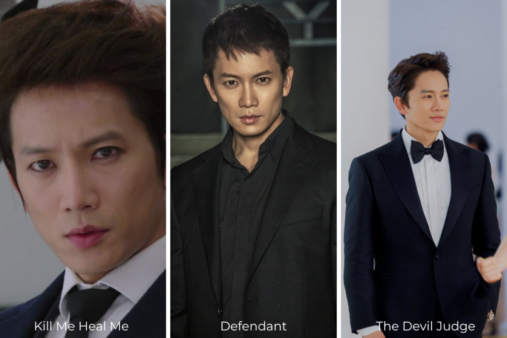A 3-panel photo collage showcasing Korean actor Ji Sung's boundless acting spectrum, featuring his iconic roles in Kill Me Heal Me, Defendant, and his latest black comedy K-drama The Apartment Job.
