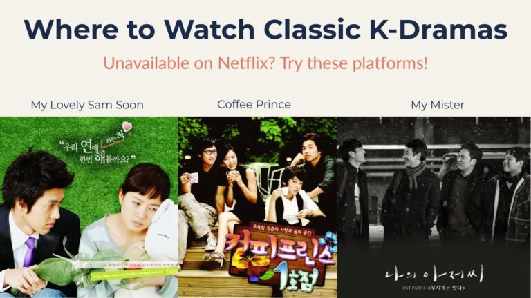A guide image titled "Where to Watch Classic K-Dramas" featuring posters of three legendary Korean dramas: My Lovely Sam Soon, Coffee Prince, and My Mister, displayed side-by-side on a beige background