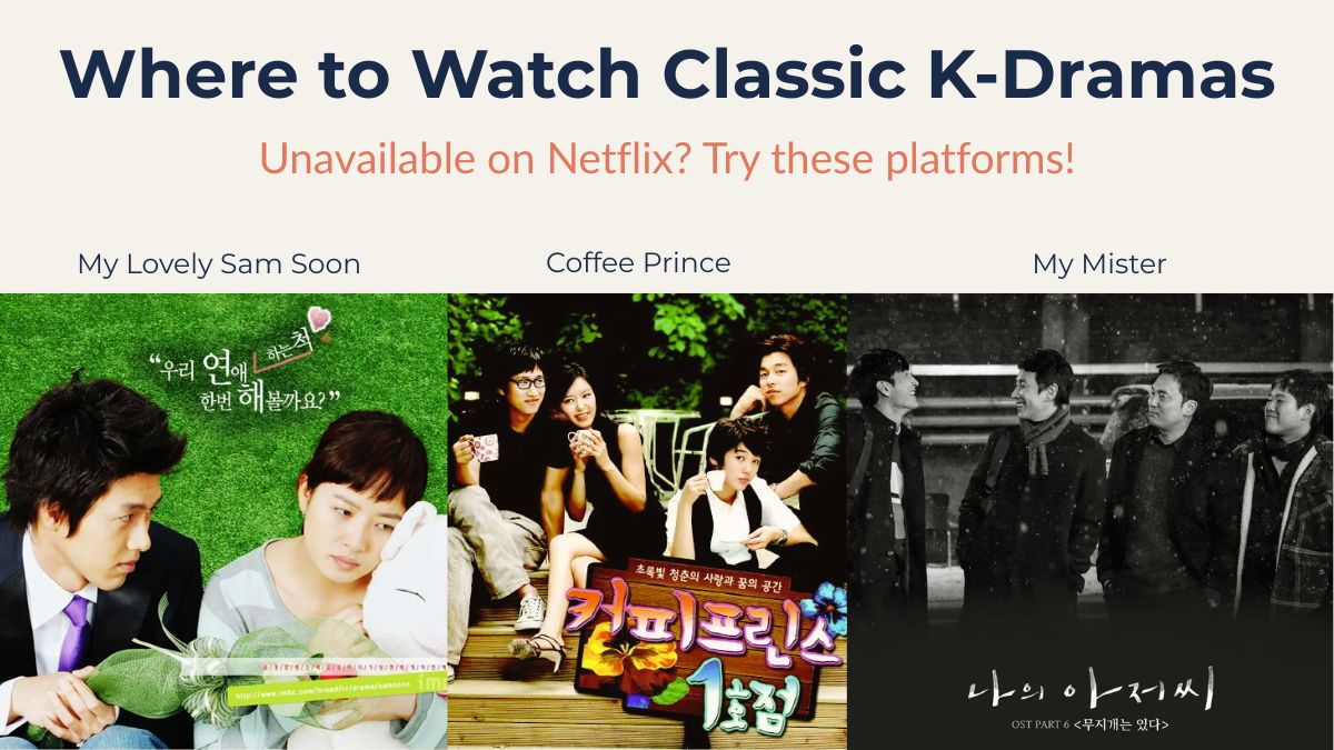 A guide image titled "Where to Watch Classic K-Dramas" featuring posters of three legendary Korean dramas: My Lovely Sam Soon, Coffee Prince, and My Mister, displayed side-by-side on a beige background